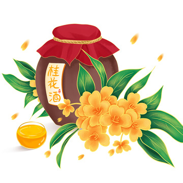 中秋节金色桂花花朵桂花酒插画手绘元素