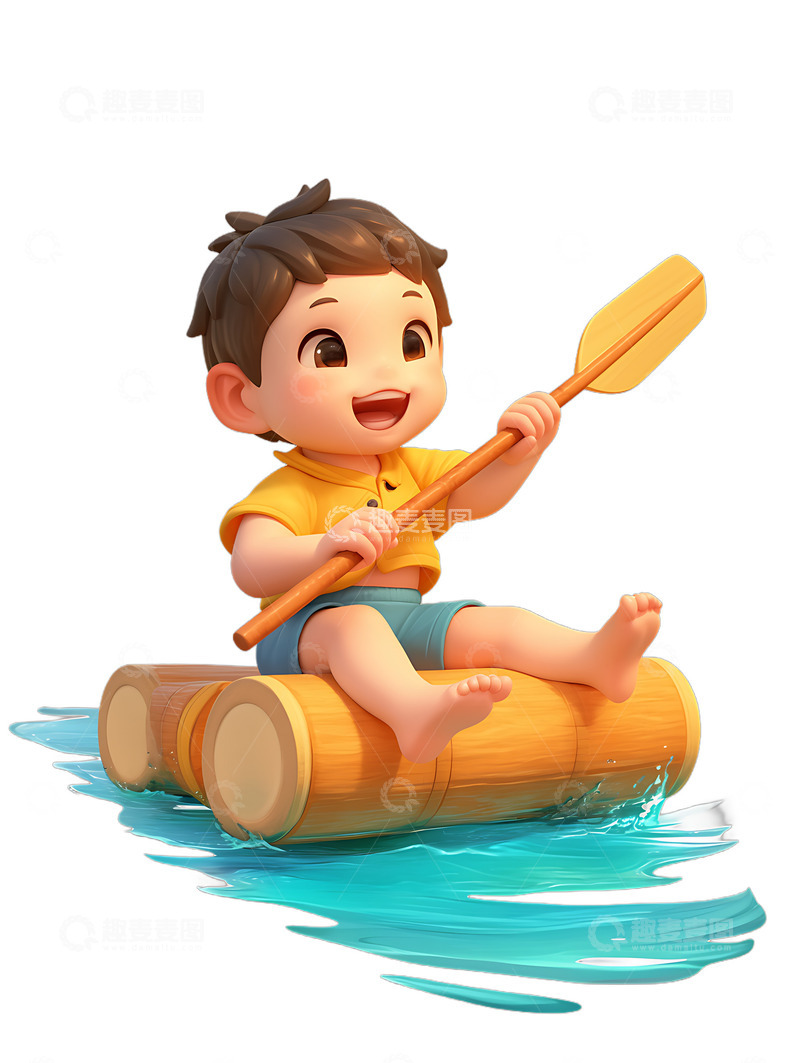 高清大图下载【趣麦麦图】-竹筏小孩划船旅游旅行暑假度假