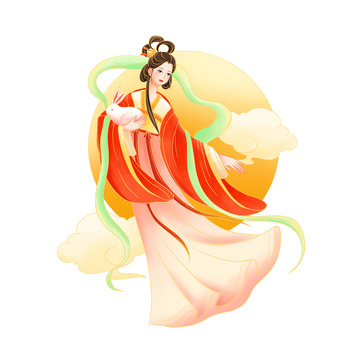 中秋节嫦娥抱玉兔奔月人物插画