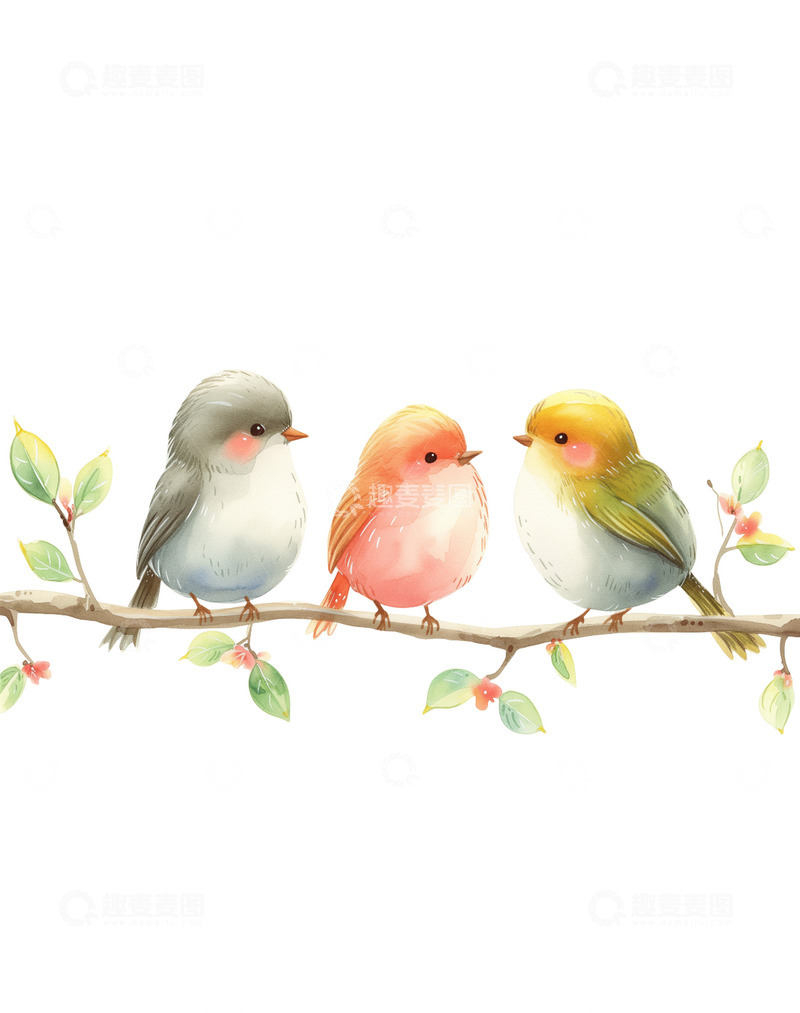 高清大图下载【趣麦麦图】树枝上有可爱的三只小鸟