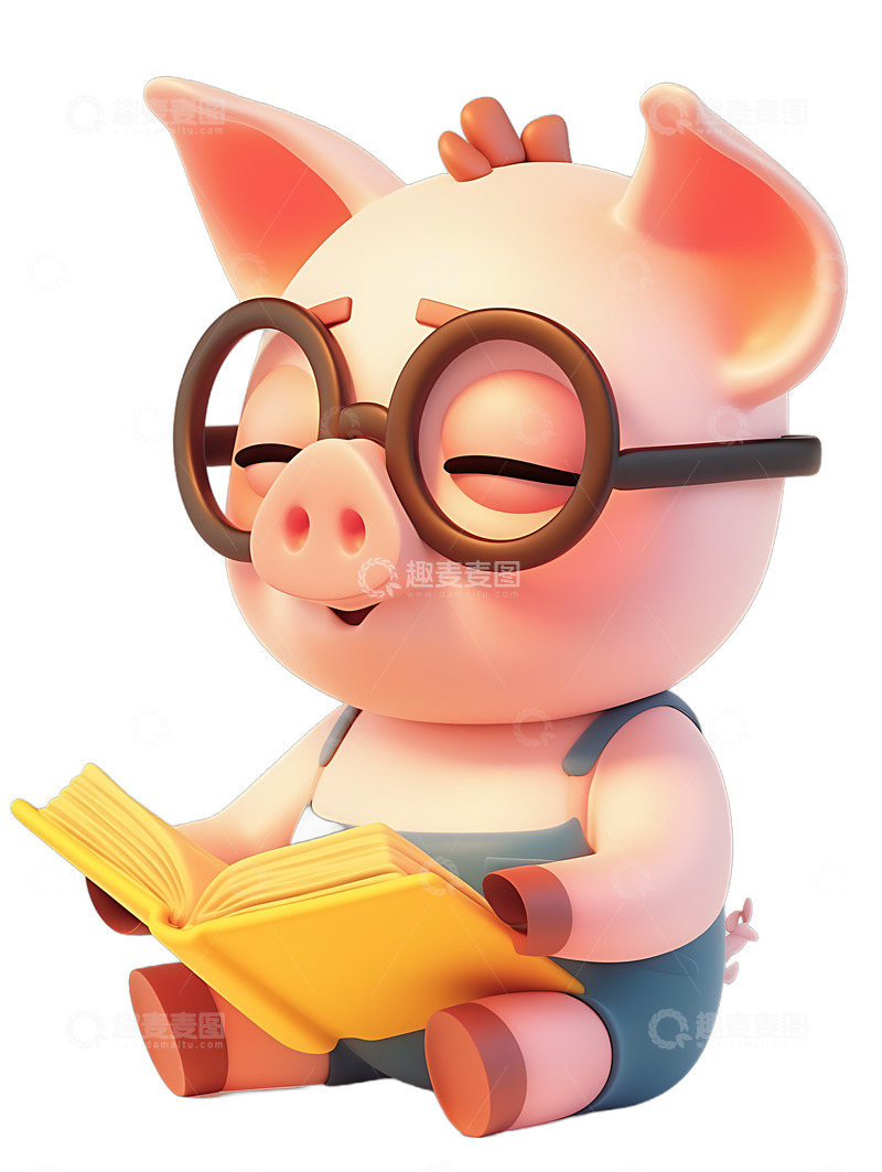 高清大图下载【趣麦麦图】卡通小猪读书看书学习