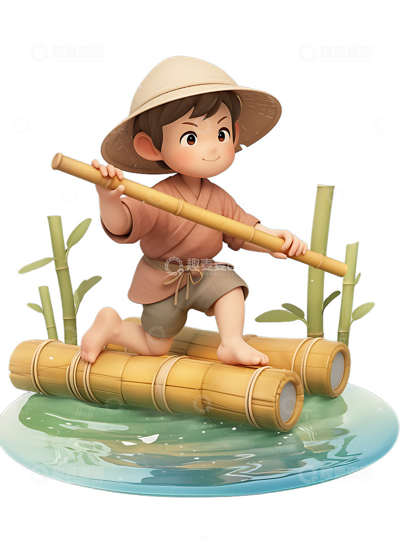 高清大图下载【趣麦麦图】草帽竹筏小孩划船旅游旅行暑假度假
