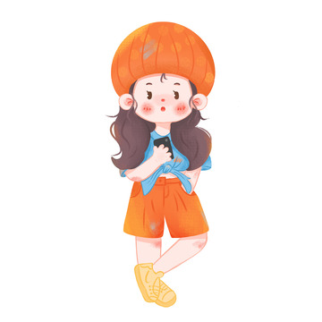 Q版 豆豆眼 站姿 卡通 女孩 橙色