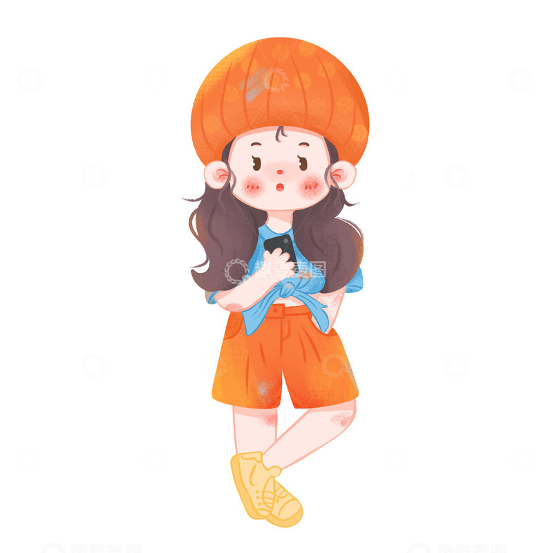 Q版 豆豆眼 站姿 卡通 女孩 橙色