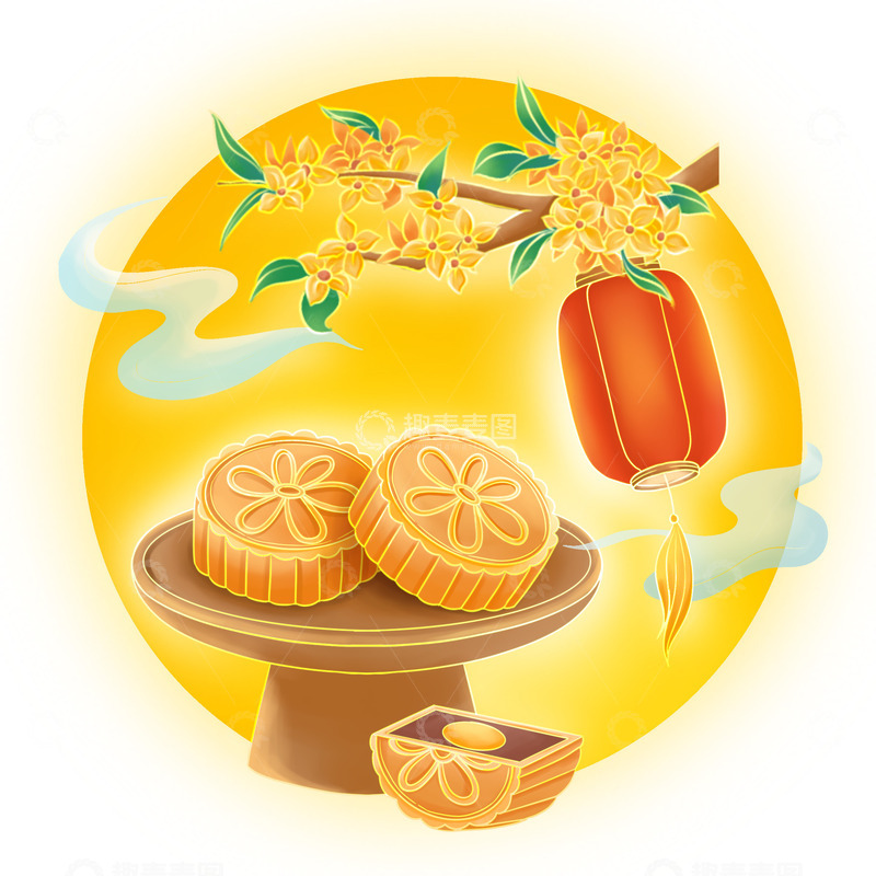 源文件下载【趣麦麦图】中秋月亮月饼桂花插画元素