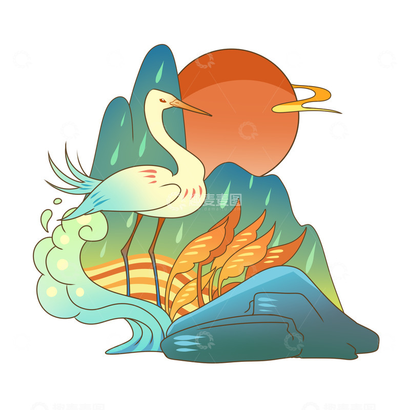 源文件下载【趣麦麦图】白露仙鹤夕阳微景观插画素材