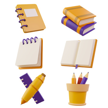 3D卡通书籍铅笔文具模型