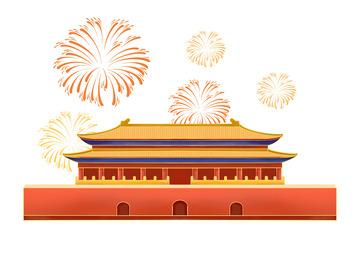 国庆古建筑烟花手绘元素