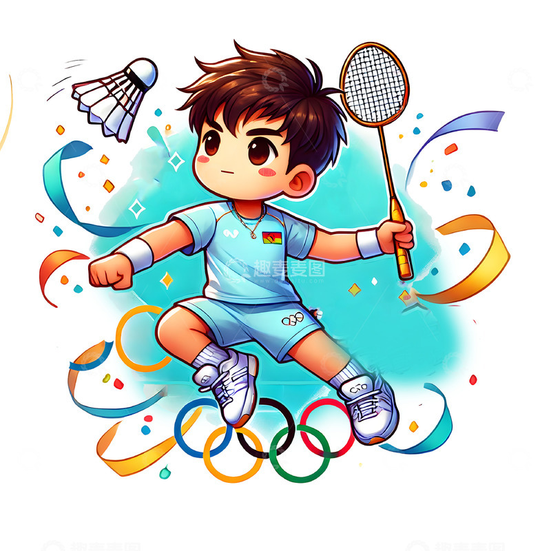 高清大图下载【趣麦麦图】羽毛球与奥运五环组合卡通人物素材