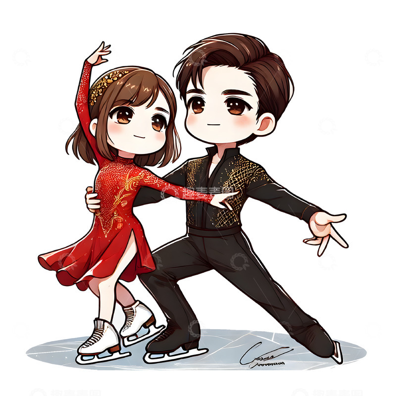 高清大图下载【趣麦麦图】双人花样滑冰比赛卡通人物素材