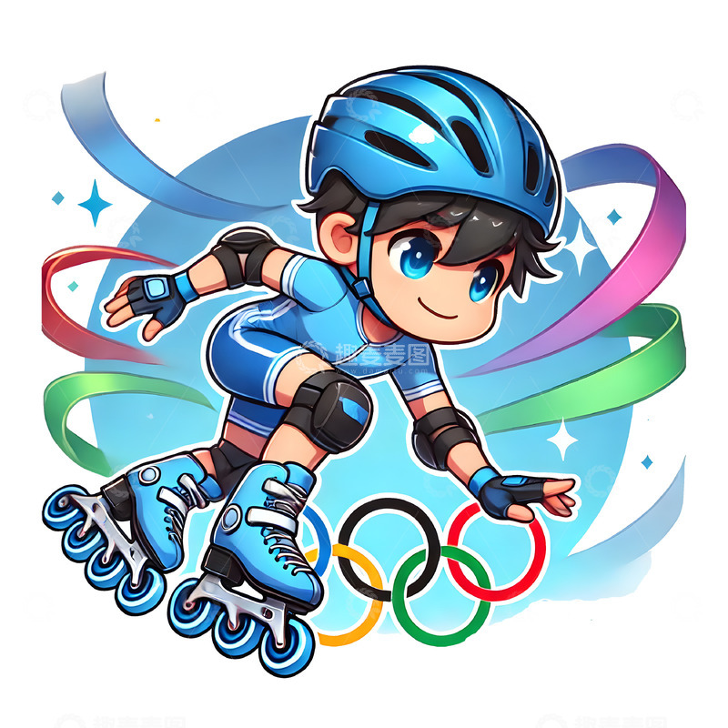 高清大图下载【趣麦麦图】轮滑运动员与奥运五环卡通人物素材