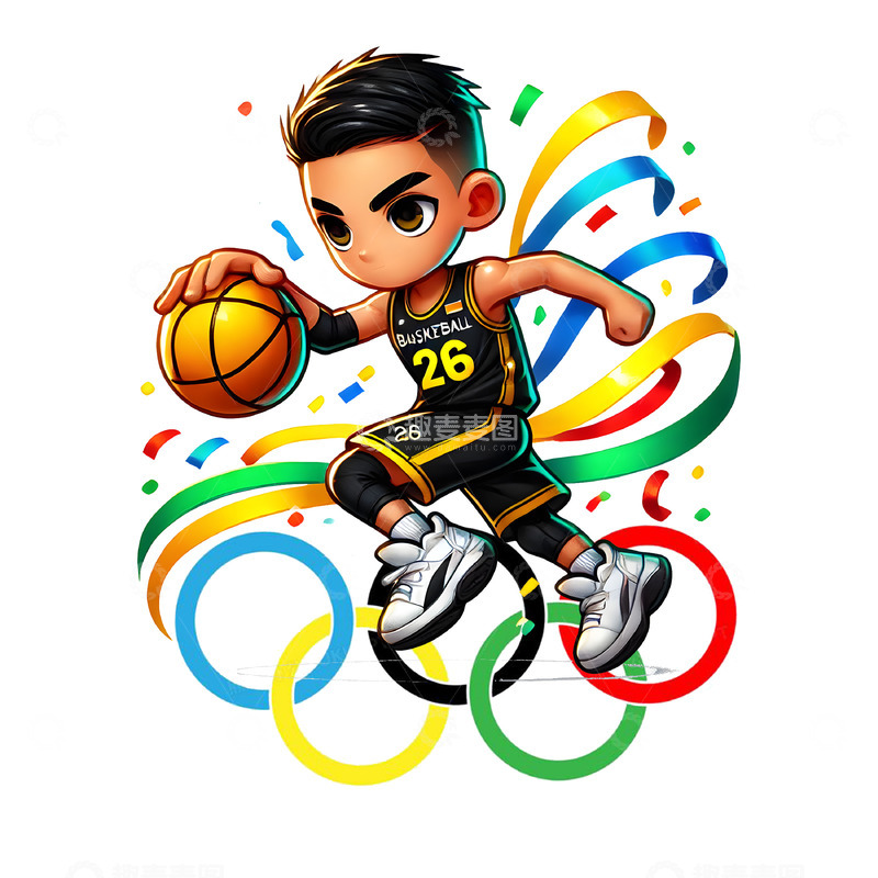 高清大图下载【趣麦麦图】篮球运动奥运五环卡通人物素材