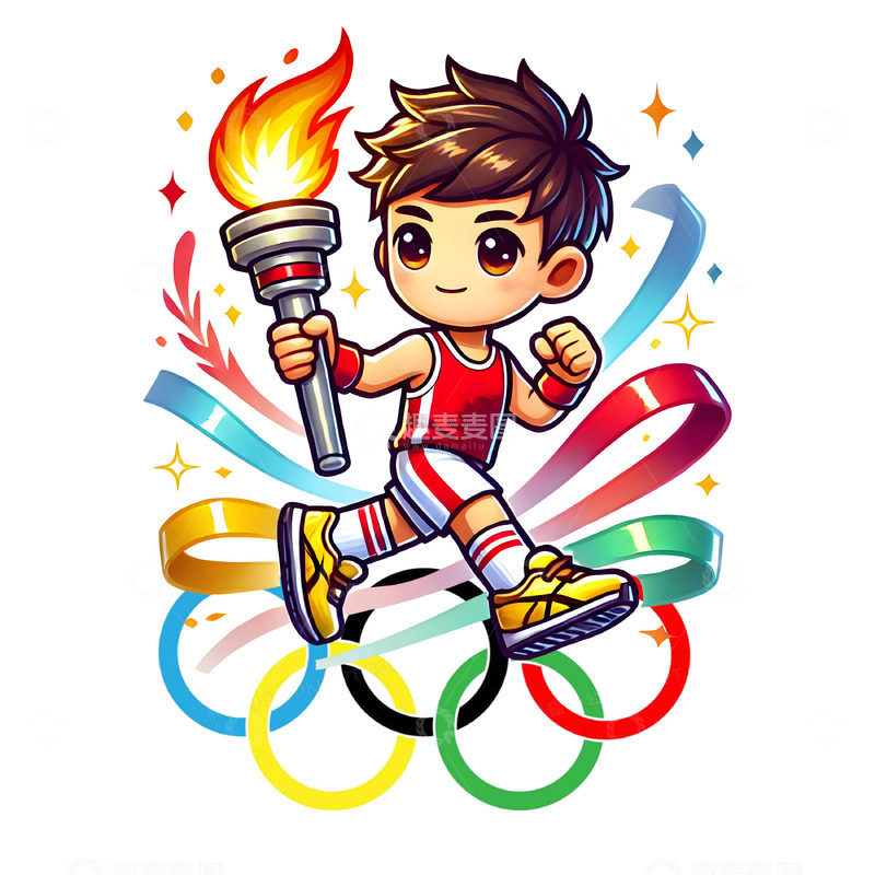 高清大图下载【趣麦麦图】奥运五环与火炬手卡通人物素材
