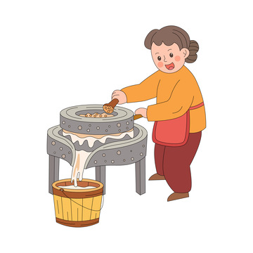 卡通线描磨豆浆的妇人