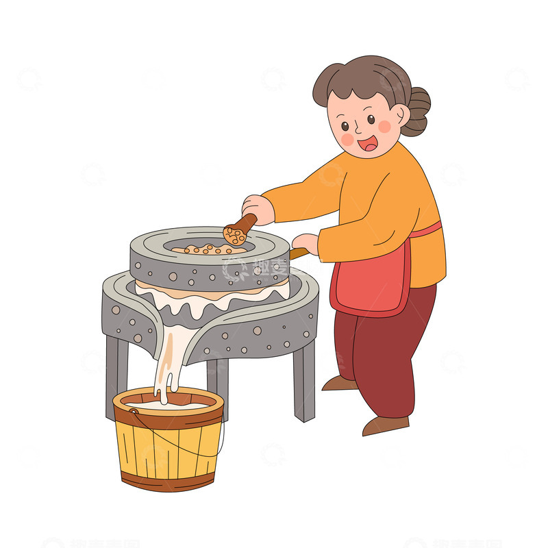 源文件下载【趣麦麦图】卡通线描磨豆浆的妇人