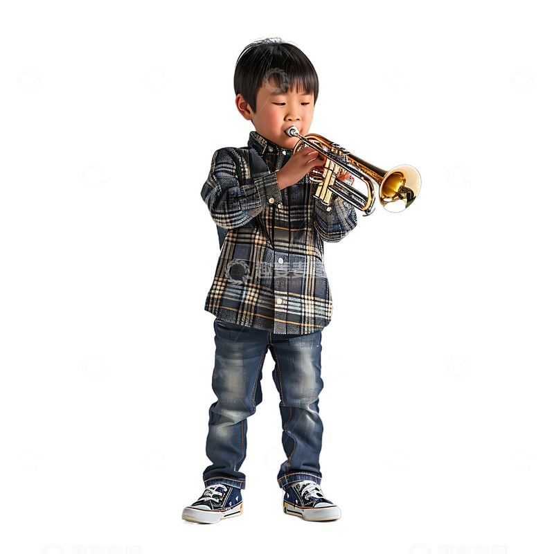 高清大图下载【趣麦麦图】吹小号的小孩子男孩
