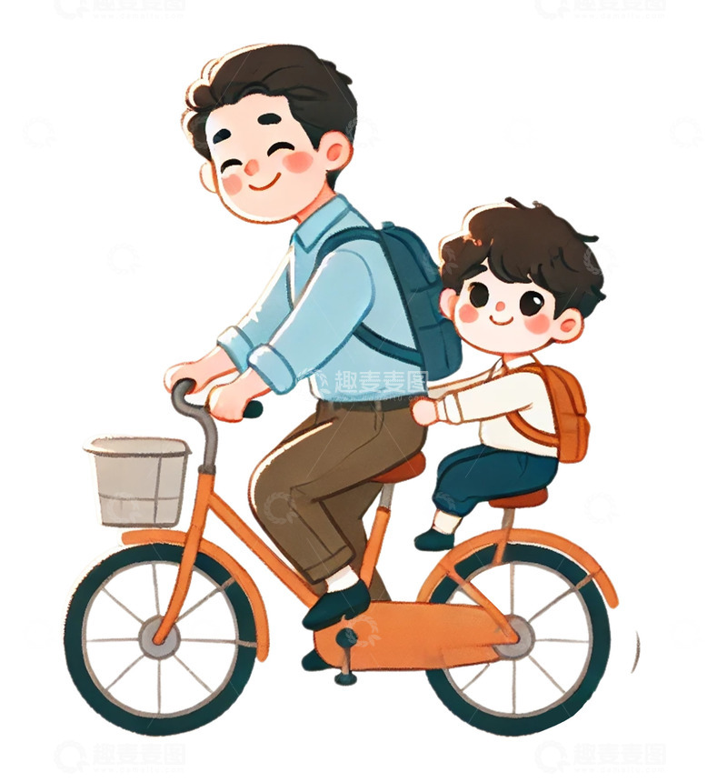 高清大图下载【趣麦麦图】爸爸骑着自行车带着儿子送他去上学