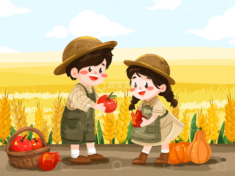 源文件下载【趣麦麦图】秋天人物丰收麦田秋游落叶插画背景