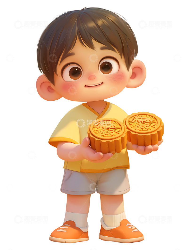 高清大图下载【趣麦麦图】拿着月饼的男孩子中秋节