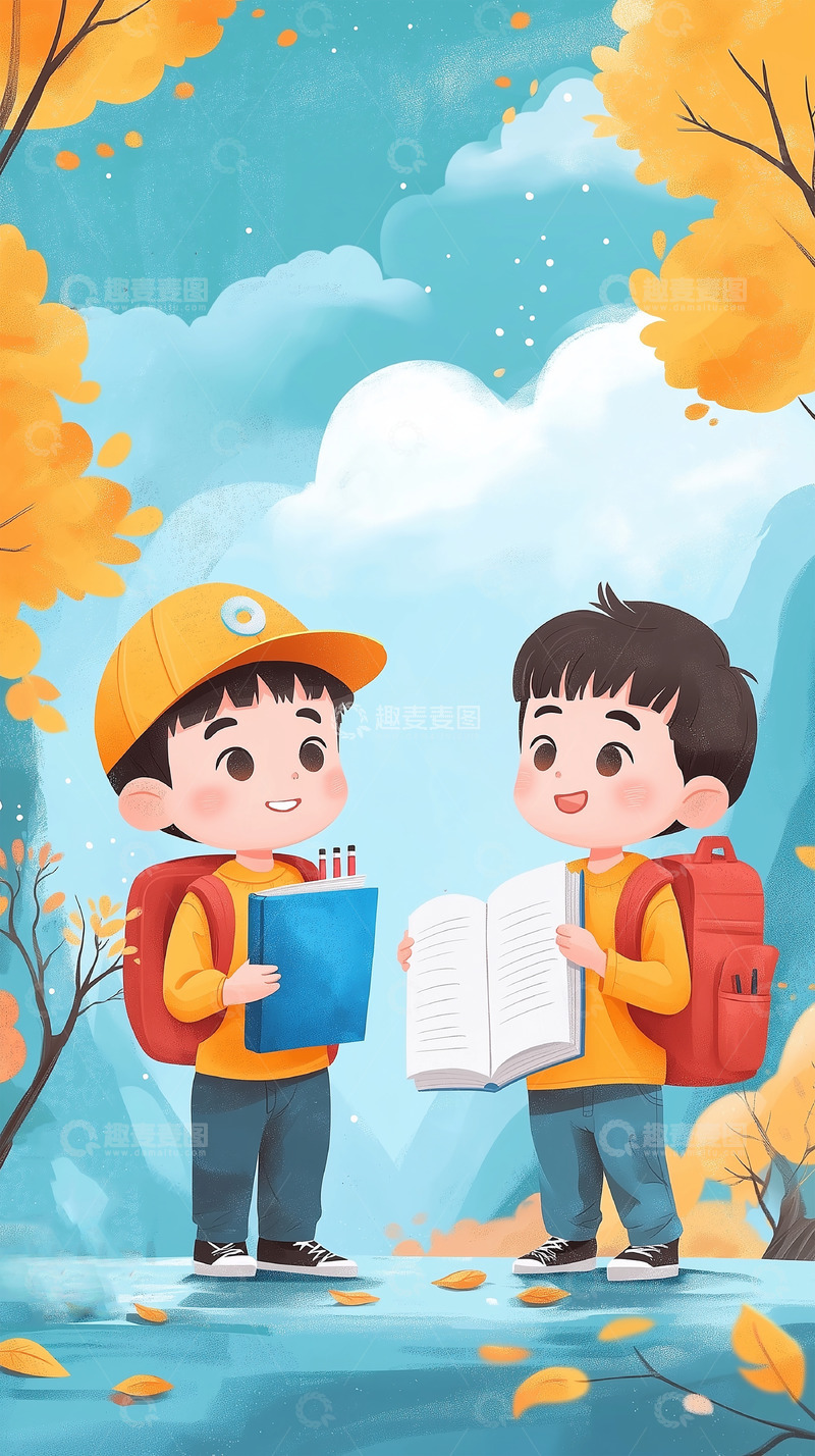 高清大图下载【趣麦麦图】卡通插画学生开学背景