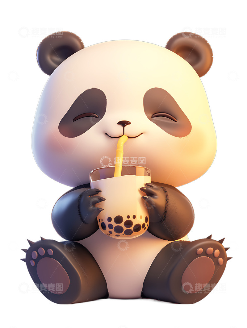 高清大图下载【趣麦麦图】可爱的熊猫宝宝喝珍珠奶茶