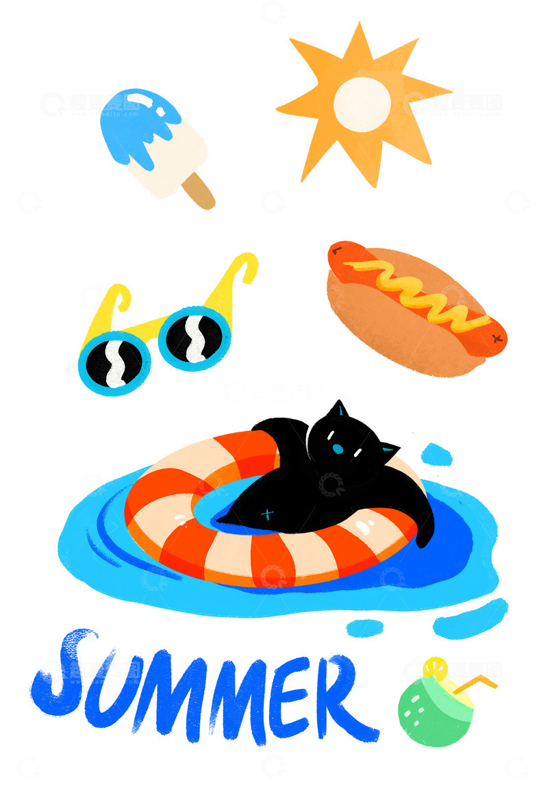 源文件下载【趣麦麦图】卡通扁平手绘风格夏日元素