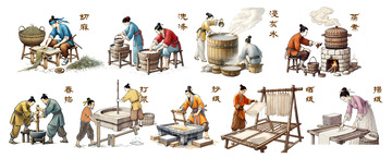 传统造纸工艺插画流程图