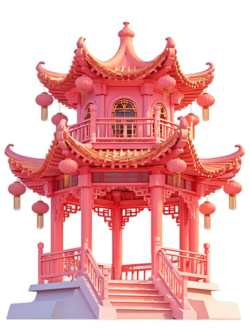 粉色的中式亭子七夕节