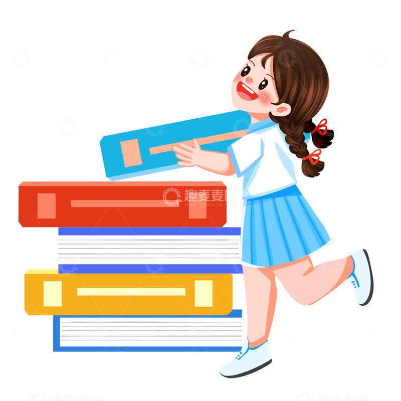 源文件下载【趣麦麦图】开学搬书阅读的小女孩儿卡通元素