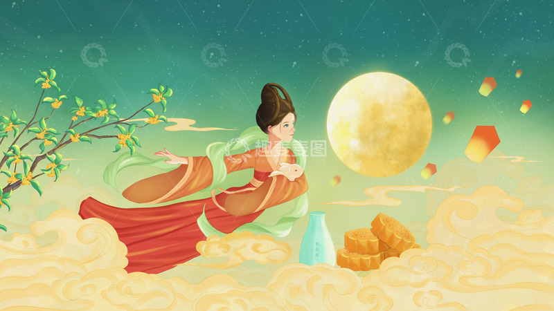 源文件下载【趣麦麦图】中秋节桂花嫦娥奔月插画