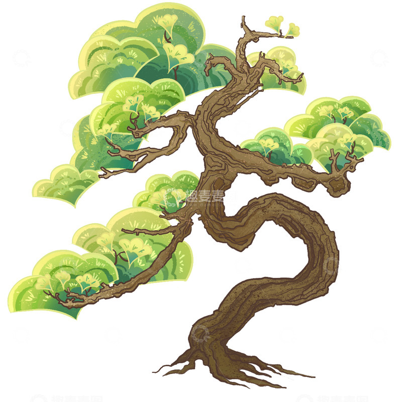 源文件下载【趣麦麦图】国风国潮手绘松树插画