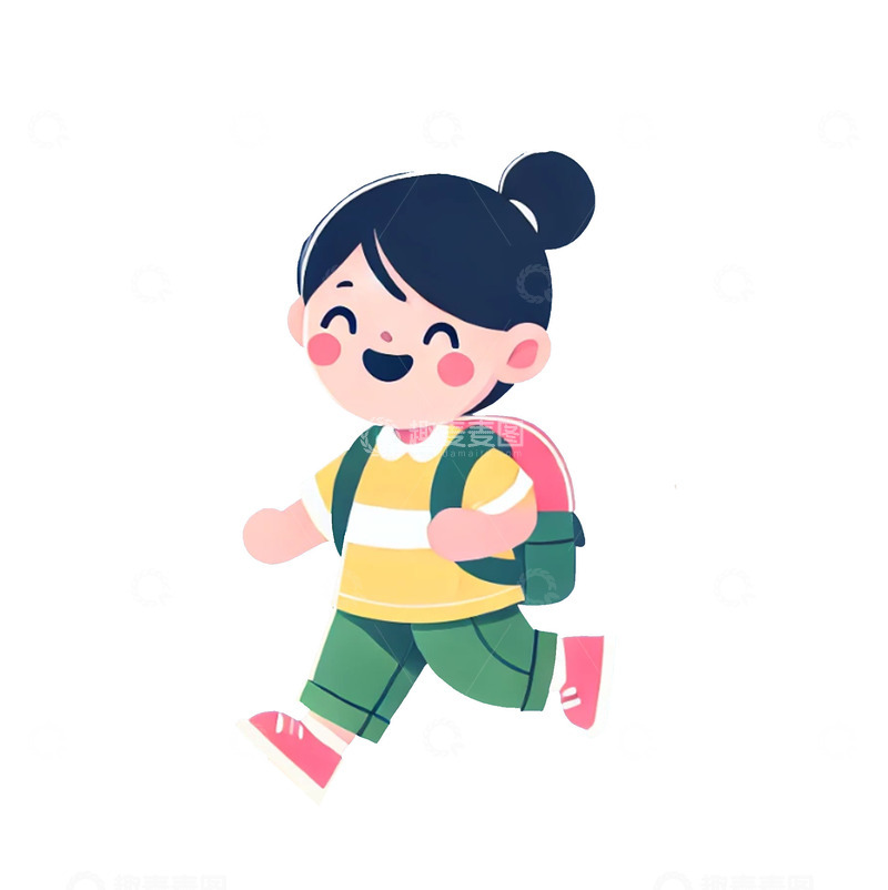 高清大图下载【趣麦麦图】一个小女孩背着书包高兴的去上学