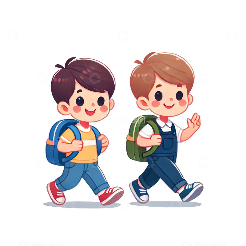 高清大图下载【趣麦麦图】两个小朋友背着书包,边走路边打招呼