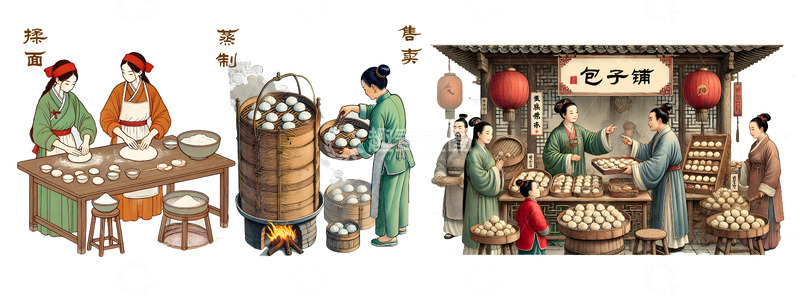 高清大图下载【趣麦麦图】包子制作工艺插画流程图