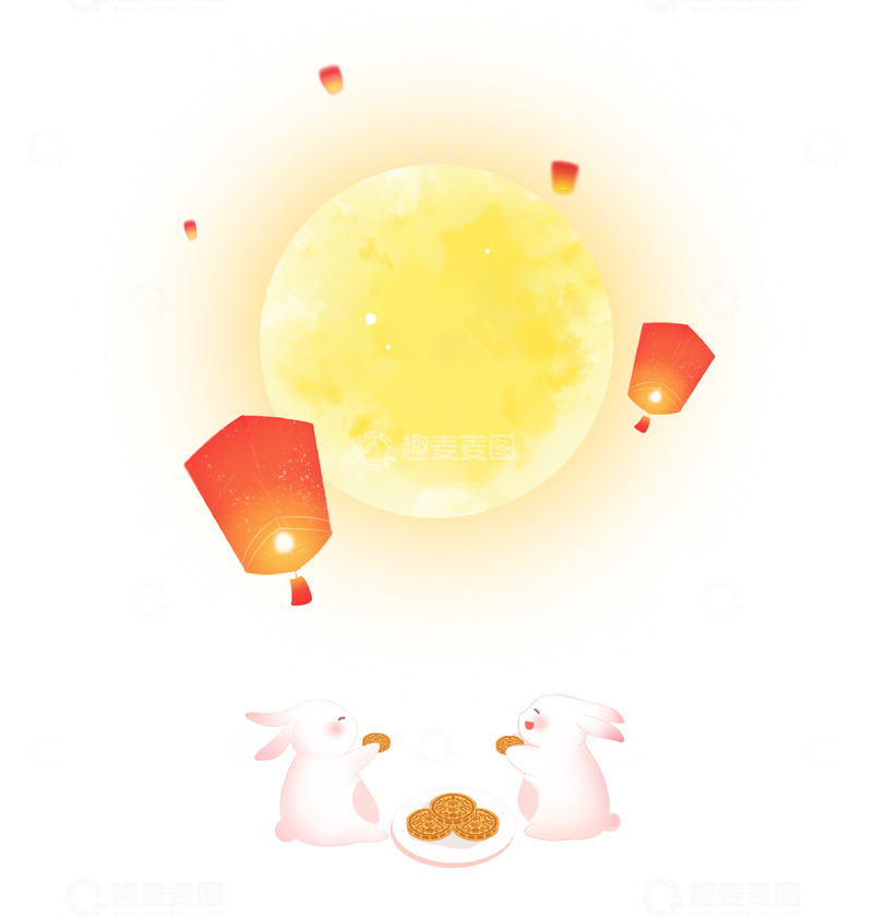 源文件下载【趣麦麦图】中秋月饼玉兔月亮孔明灯手绘素材