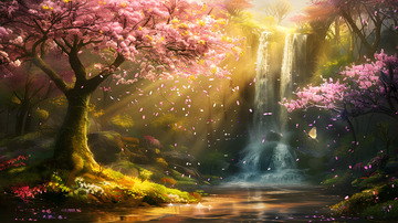 樱花树下阳光洒落的瀑布梦幻景观壁纸