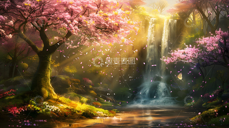 高清大图下载【趣麦麦图】樱花树下阳光洒落的瀑布梦幻景观壁纸