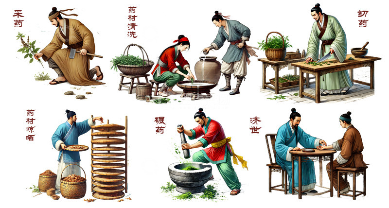 高清大图下载【趣麦麦图】古法中医药材制作工艺插画流程图