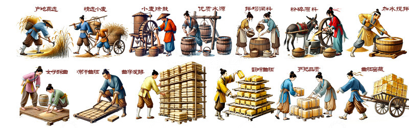 高清大图下载【趣麦麦图】古法白酒制曲工艺插画流程图