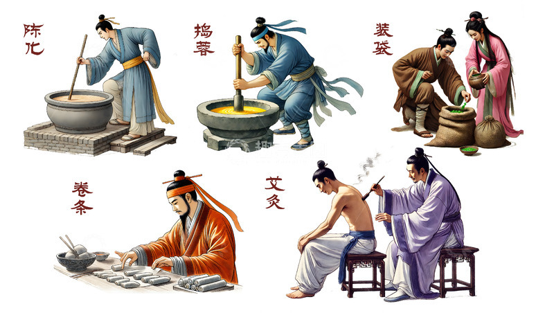 高清大图下载【趣麦麦图】艾灸工艺制作插画流程图