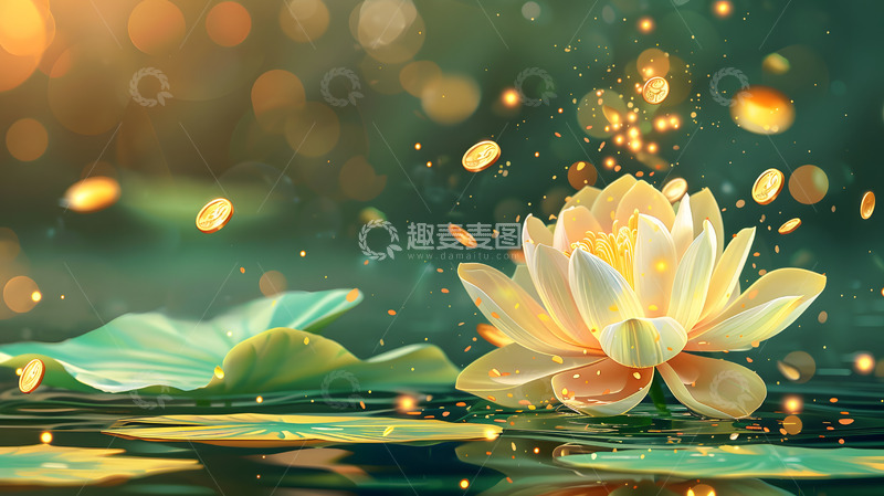 高清大图下载【趣麦麦图】荷花与金色光芒梦幻财富象征艺术壁纸