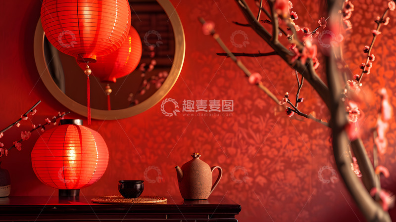 高清大图下载【趣麦麦图】红色灯笼与茶具的传统中式室内装饰艺术壁纸