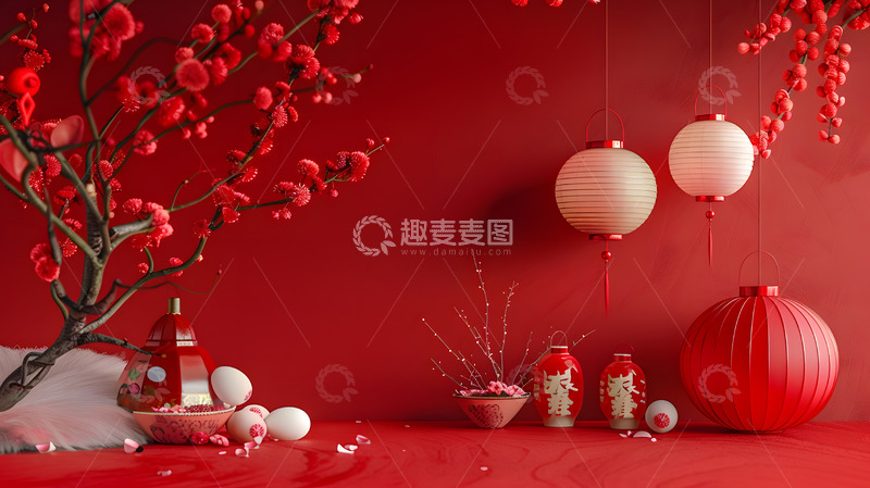 高清大图下载【趣麦麦图】-红色背景与梅花中式新年装饰艺术壁纸