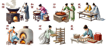 传统月饼制作工艺插画流程图