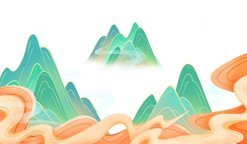 源文件下载【趣麦麦图】手绘古风国朝山水祥云插画海报装饰元素