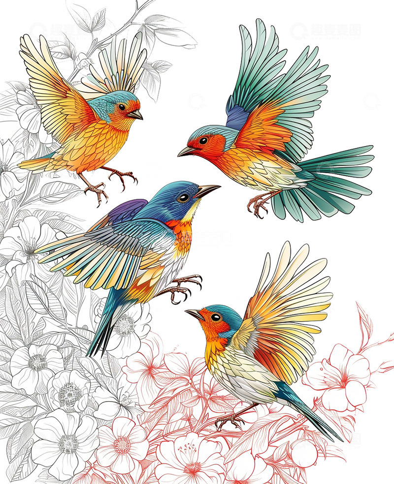 高清大图下载【趣麦麦图】线描风格的四只小鸟