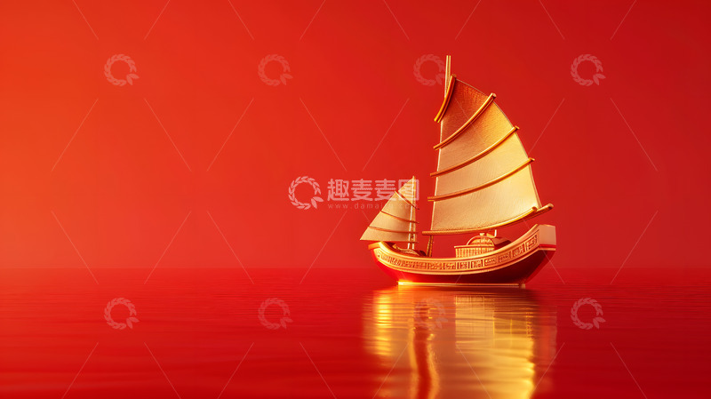 高清大图下载【趣麦麦图】金色帆船红色背景图