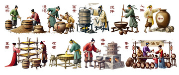 酱油制作工艺插画流程图