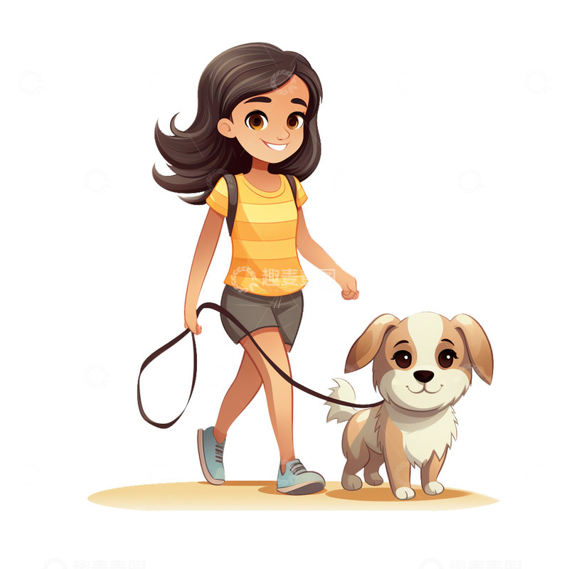 高清大图下载【趣麦麦图】一个小女孩牵着小狗散步