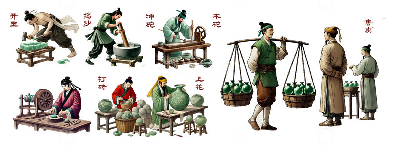 高清大图下载【趣麦麦图】古法玉器制作工艺插画流程图
